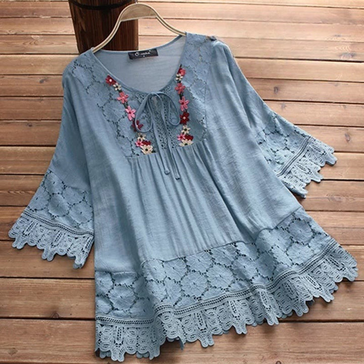 Camisa de algodón para mujer con mangas tres cuartos, encaje y bordado de flores vintage con Buddha Stones - Azul aciano - US16, UK/AU20, EU48 (5XL) - image 9