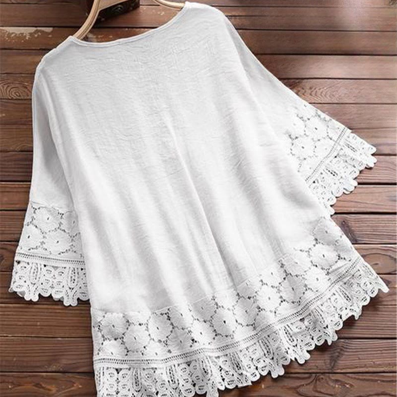 Camisa de algodón para mujer con mangas tres cuartos, encaje y bordado de flores vintage con Buddha Stones - image 4