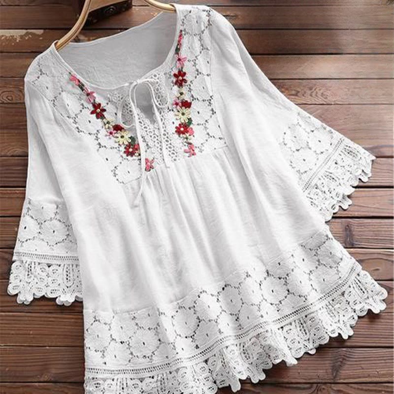 Camisa de algodón para mujer con mangas tres cuartos, encaje y bordado de flores vintage con Buddha Stones - Blanco - US16, UK/AU20, EU48 (5XL) - image 3