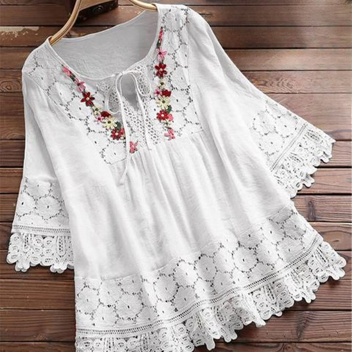 Camisa de algodón para mujer con mangas tres cuartos, encaje y bordado de flores vintage con Buddha Stones - Blanco - US16, UK/AU20, EU48 (5XL) - image 3