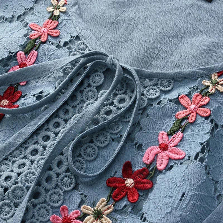 Camisa de algodón para mujer con mangas tres cuartos, encaje y bordado de flores vintage con Buddha Stones - image 10