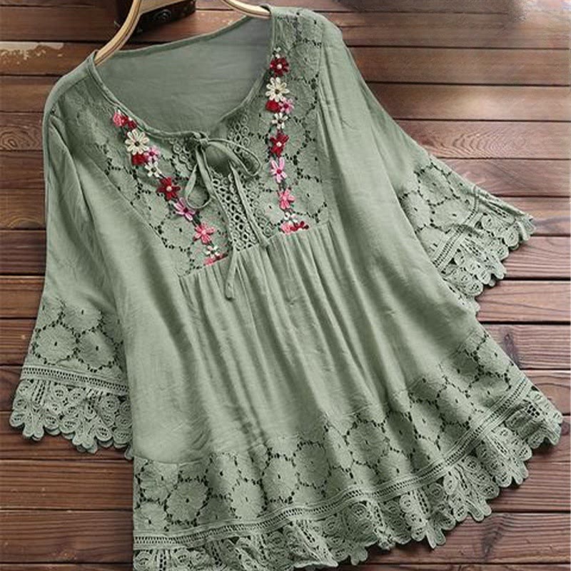 Camisa de algodón para mujer con mangas tres cuartos, encaje y bordado de flores vintage con Buddha Stones - Verde mar medio - US16, UK/AU20, EU48 (5XL) - image 7