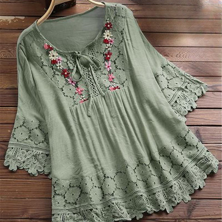 Camisa de algodón para mujer con mangas tres cuartos, encaje y bordado de flores vintage con Buddha Stones - Verde mar medio - US16, UK/AU20, EU48 (5XL) - image 7