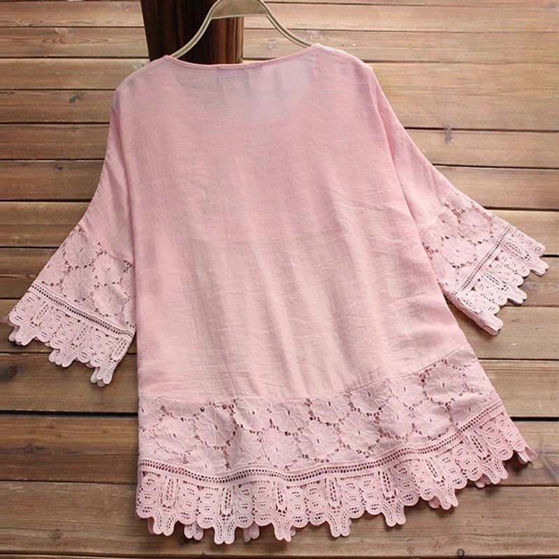Camisa de algodón para mujer con mangas tres cuartos, encaje y bordado de flores vintage con Buddha Stones - image 1