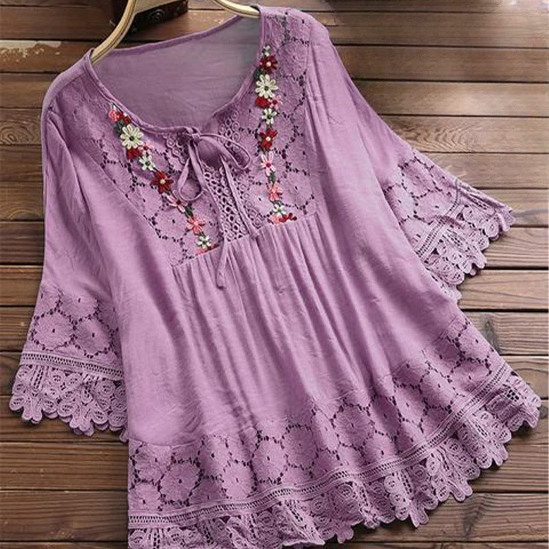 Camisa de algodón para mujer con mangas tres cuartos, encaje y bordado de flores vintage con Buddha Stones - Orquídea - US16, UK/AU20, EU48 (5XL) - image 5