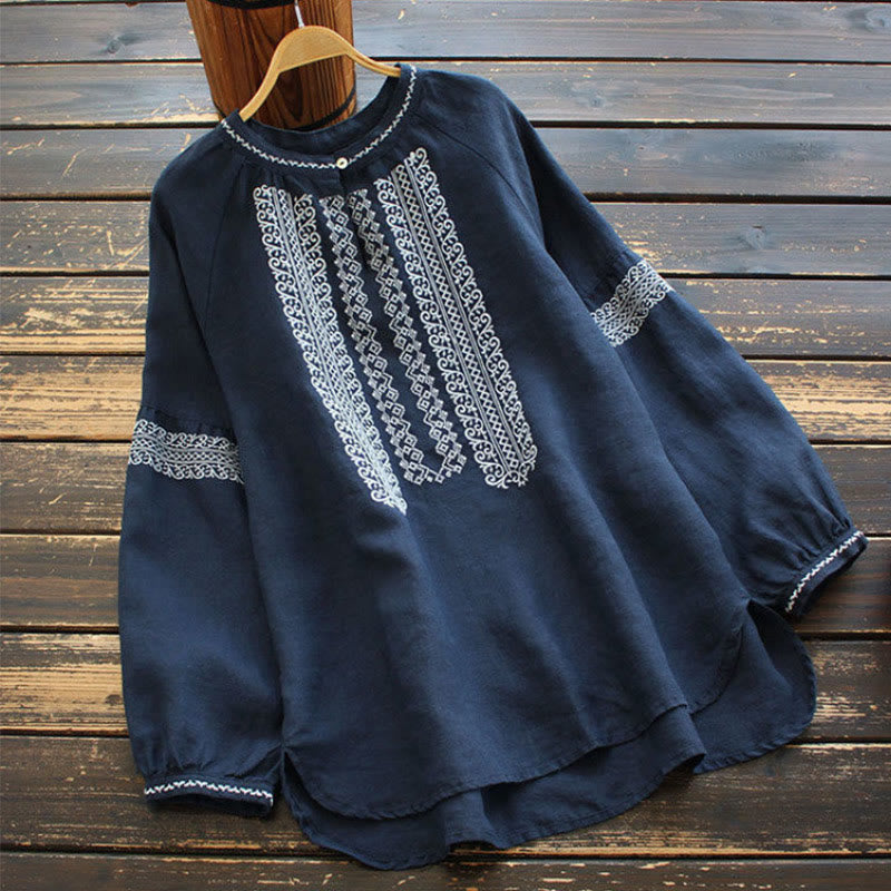 Camisa de mujer de manga larga con cuello redondo y bordado étnico con Buddha Stones y estampado bohemio - Marina de guerra - US16, UK/AU20, EU48 (5XL) - image 7
