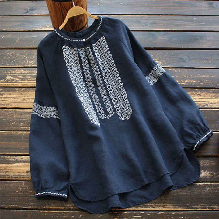 Camisa de mujer de manga larga con cuello redondo y bordado étnico con Buddha Stones y estampado bohemio - Marina de guerra - US16, UK/AU20, EU48 (5XL) - image 7