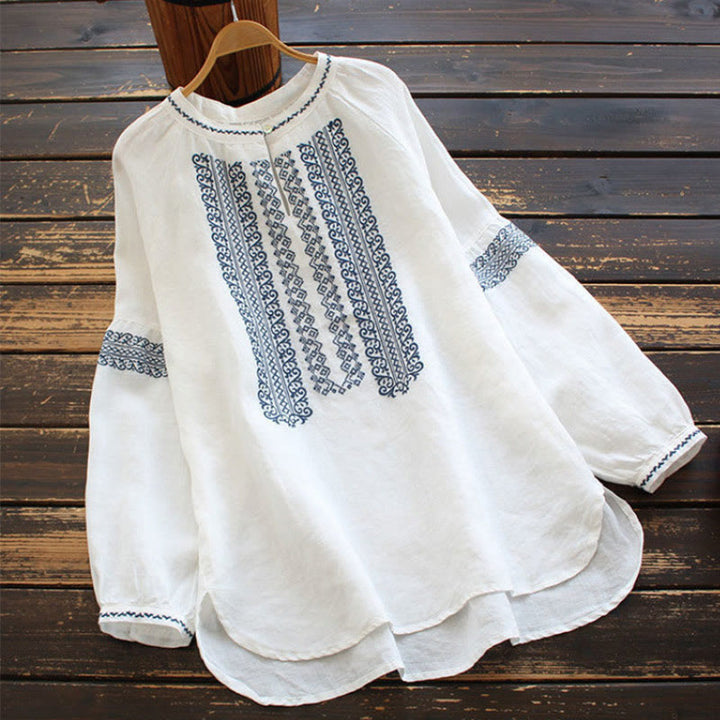 Camisa de mujer de manga larga con cuello redondo y bordado étnico con Buddha Stones y estampado bohemio - Blanco - US16, UK/AU20, EU48 (5XL) - image 1