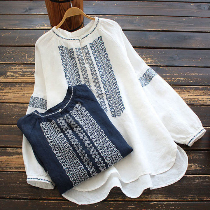 Camisa de mujer de manga larga con cuello redondo y bordado étnico con Buddha Stones y estampado bohemio - image 13