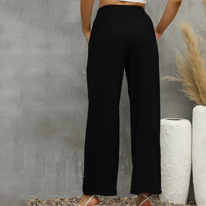 Buddha Stones Pantalones negros informales de lino y algodón con bordado étnico y cordón para mujer con bolsillos - image 2