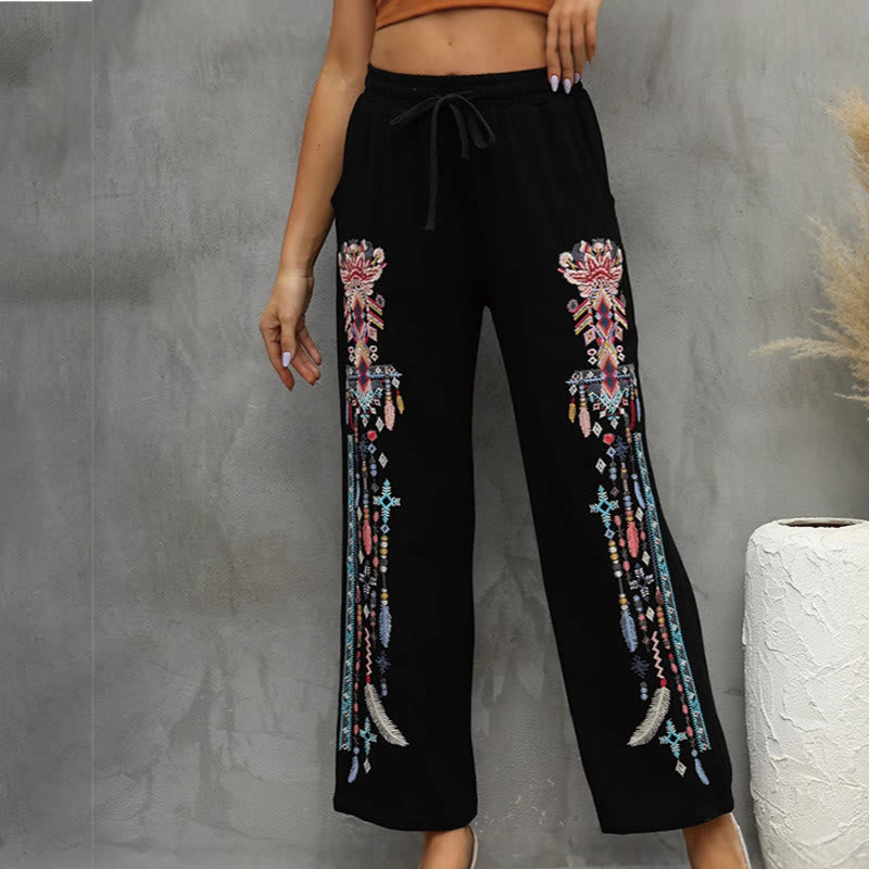 Buddha Stones Pantalones negros informales de lino y algodón con bordado étnico y cordón para mujer con bolsillos - image 1