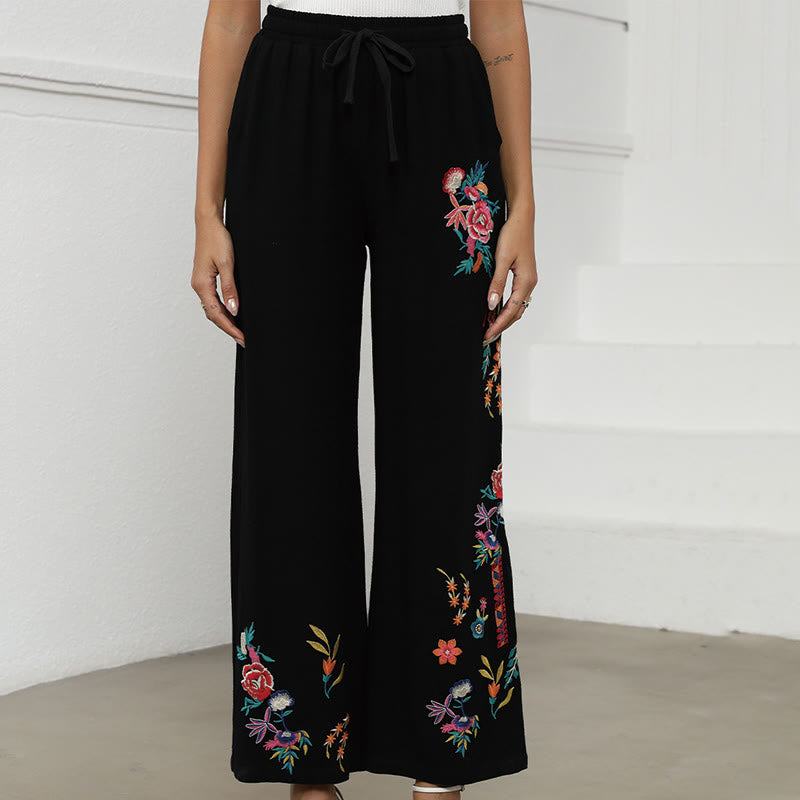 Buddha Stones Pantalones de lino y algodón con bordado étnico, lisos y negros de verano para mujer, con cordón y bolsillos - image 1