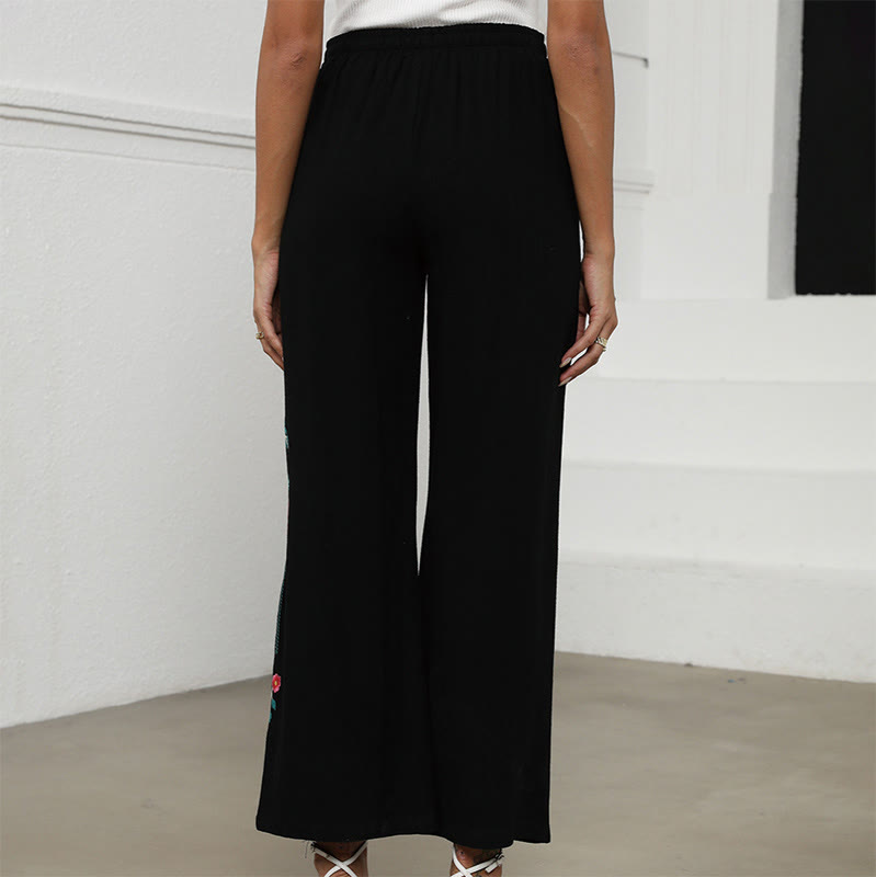 Buddha Stones Pantalones de lino y algodón con bordado étnico, lisos y negros de verano para mujer, con cordón y bolsillos - image 3