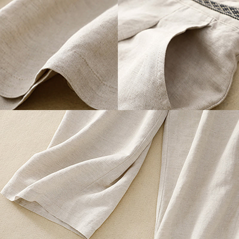 Buddha Stones Pantalones anchos de lino y algodón para mujer, de verano, de color liso, largos 7-8, con bolsillos y cremallera - image 9