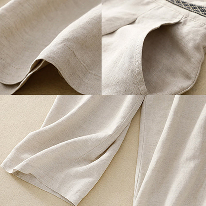 Buddha Stones Pantalones anchos de lino y algodón para mujer, de verano, de color liso, largos 7-8, con bolsillos y cremallera - image 9