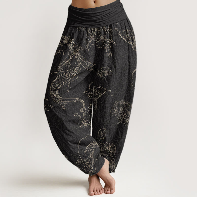 Pantalones bombachos de cintura elástica para mujer con estampado floral de peces koi y piedras de Buddha Stones , de algodón. - Negro - US22，UK/AU26，EU54 (6XL) - image 0