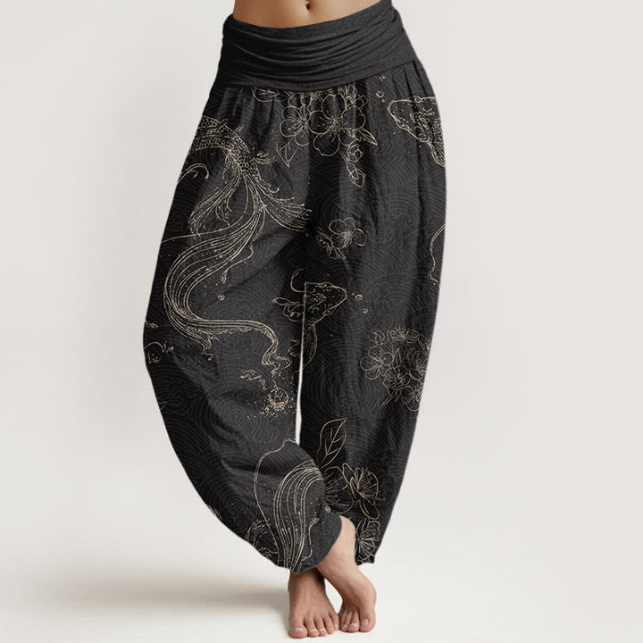 Pantalones bombachos de cintura elástica para mujer con estampado floral de peces koi y piedras de Buddha Stones , de algodón. - Negro - US22，UK/AU26，EU54 (6XL) - image 0