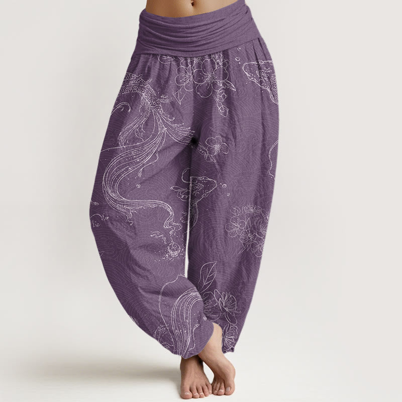 Pantalones bombachos de cintura elástica para mujer con estampado floral de peces koi y piedras de Buddha Stones , de algodón. - Morado medio - US22，UK/AU26，EU54 (6XL) - image 4