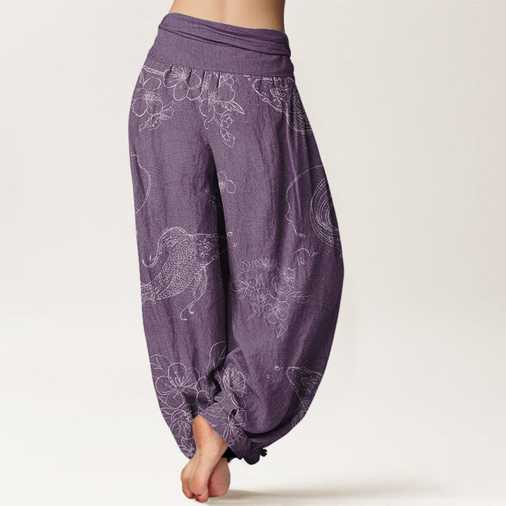 Pantalones harén con cintura elástica para mujer con estampado floral de peces koi y Buddha Stones - image 7
