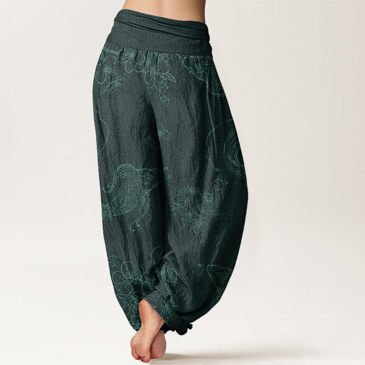 Pantalones harén con cintura elástica para mujer con estampado floral de peces koi y Buddha Stones - image 10