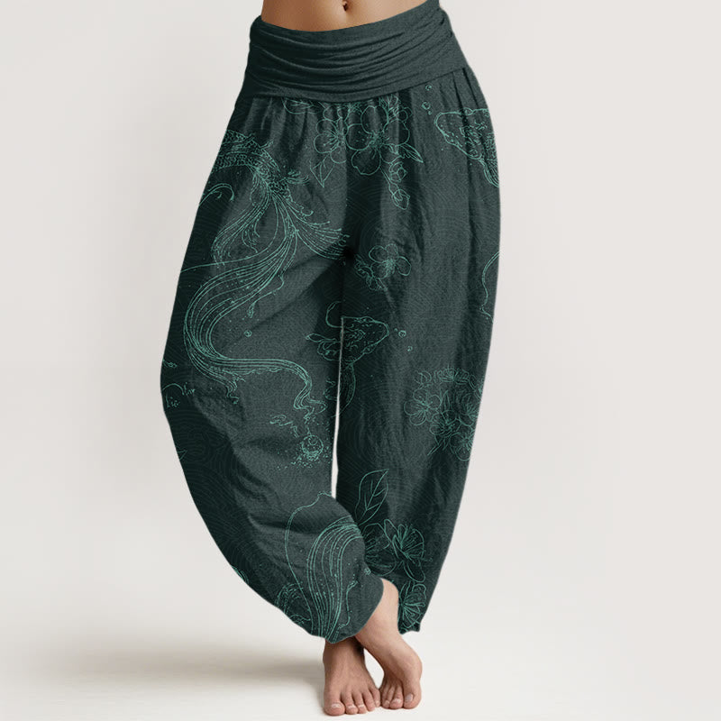 Pantalones harén con cintura elástica para mujer con estampado floral de peces koi y Buddha Stones - Cian oscuro - US22，UK/AU26，EU54 (6XL) - image 8