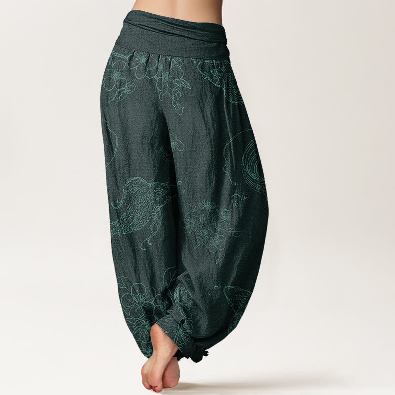 Pantalones bombachos de cintura elástica para mujer con estampado floral de peces koi y piedras de Buddha Stones , de algodón. - image 9