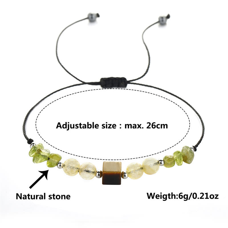 Pulsera de cuerda de la paz con Buddha Stones " Encuentra tu alegría", peridoto, citrino y ojo de tigre