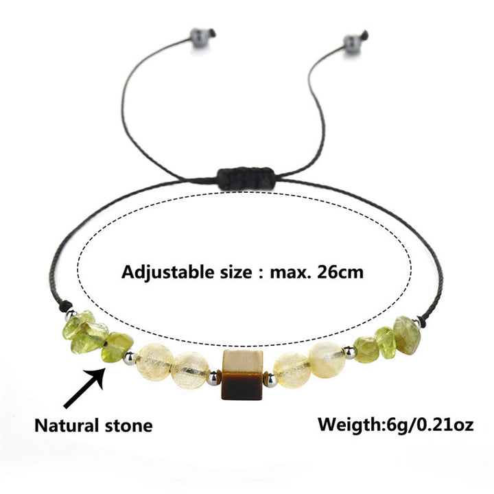 Pulsera de cuerda de la paz con Buddha Stones " Encuentra tu alegría", peridoto, citrino y ojo de tigre