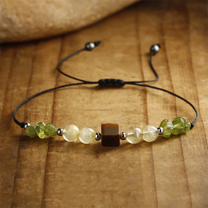 Pulsera de cuerda de la paz con Buddha Stones " Encuentra tu alegría", peridoto, citrino y ojo de tigre