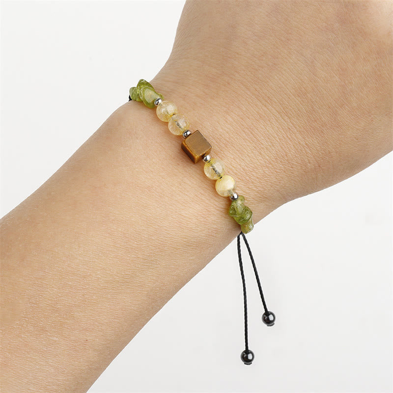 Pulsera de cuerda de la paz con Buddha Stones " Encuentra tu alegría", peridoto, citrino y ojo de tigre