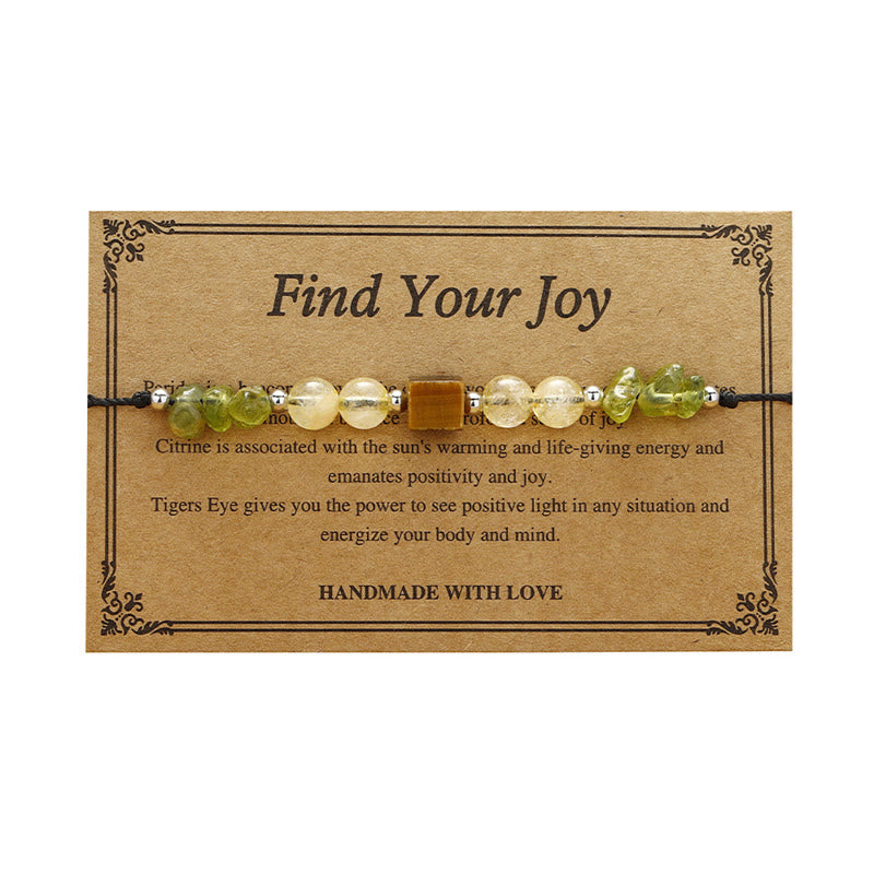 Pulsera de cuerda de la paz con Buddha Stones " Encuentra tu alegría", peridoto, citrino y ojo de tigre