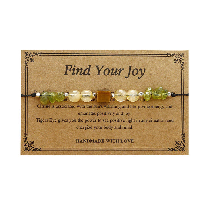 Pulsera de cuerda de la paz con Buddha Stones " Encuentra tu alegría", peridoto, citrino y ojo de tigre