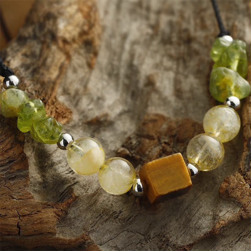 Pulsera de cuerda de la paz con Buddha Stones " Encuentra tu alegría", peridoto, citrino y ojo de tigre
