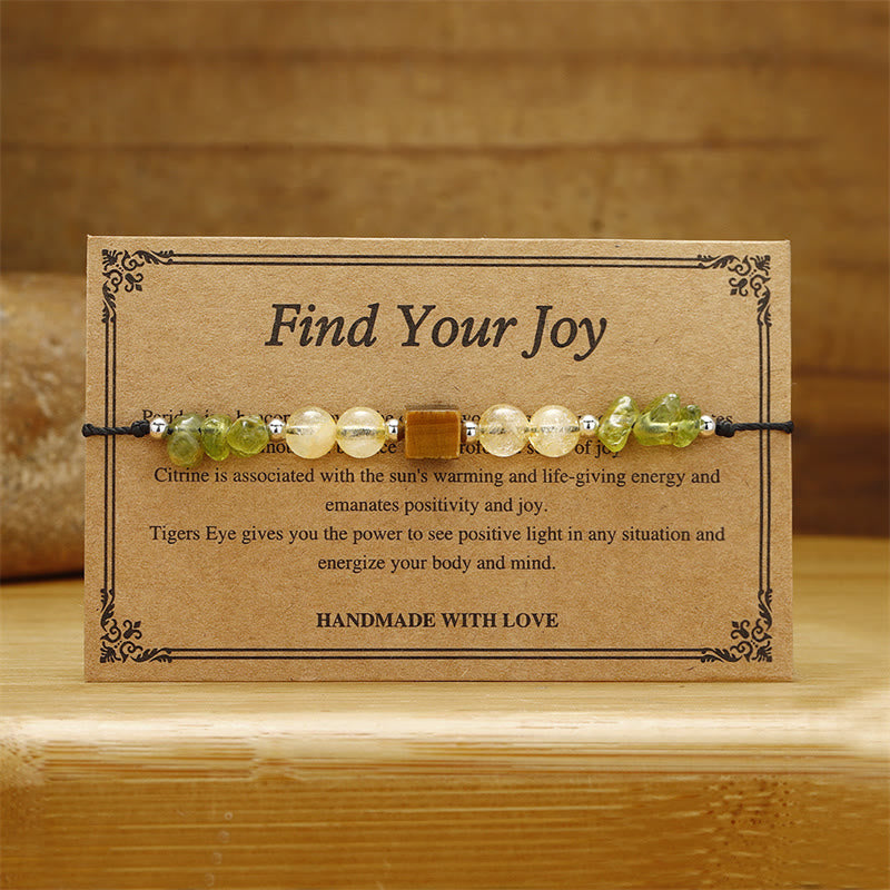 Pulsera de cuerda de la paz con Buddha Stones " Encuentra tu alegría", peridoto, citrino y ojo de tigre