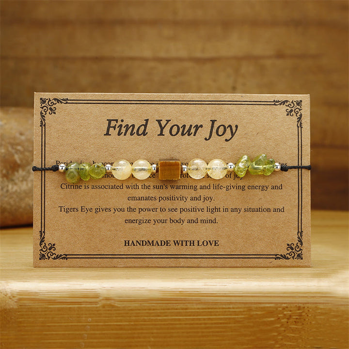 Pulsera de cuerda de la paz con Buddha Stones " Encuentra tu alegría", peridoto, citrino y ojo de tigre