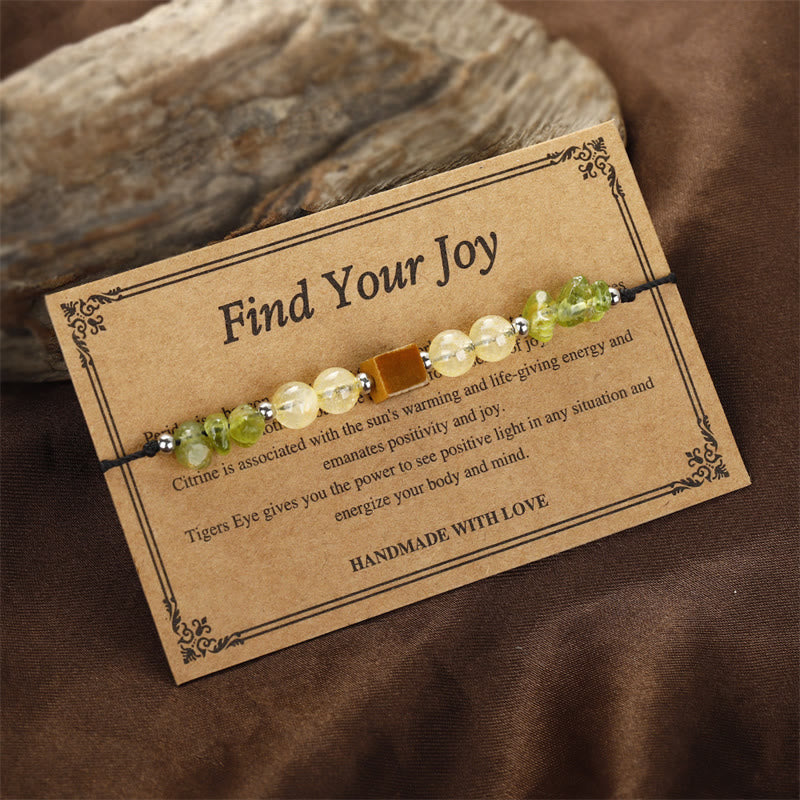 Pulsera de cuerda de la paz con Buddha Stones " Encuentra tu alegría", peridoto, citrino y ojo de tigre