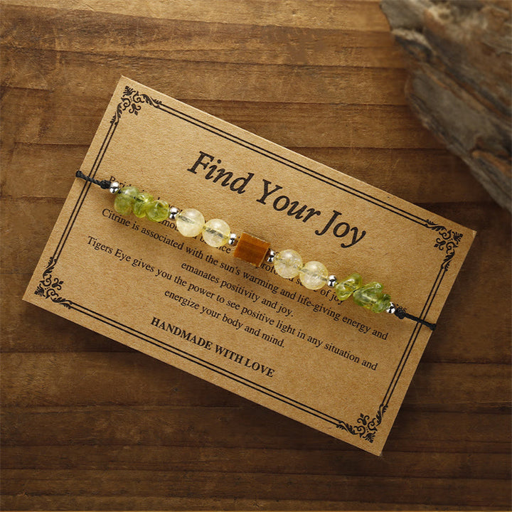 Pulsera de cuerda de la paz con Buddha Stones " Encuentra tu alegría", peridoto, citrino y ojo de tigre