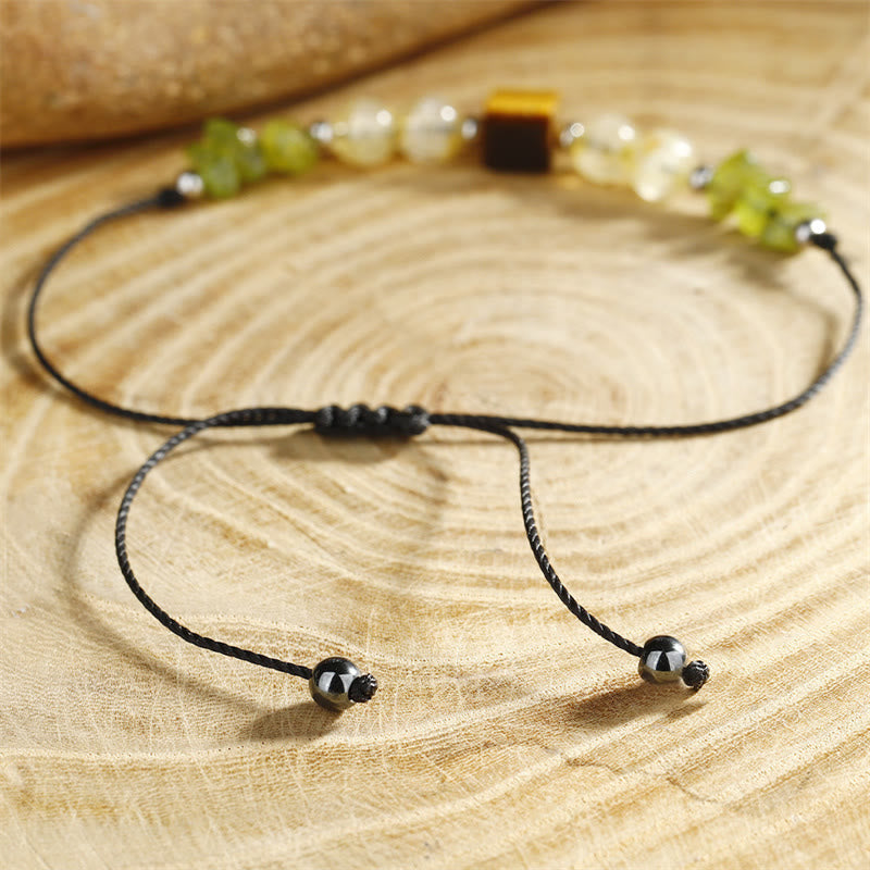 Pulsera de cuerda de la paz con Buddha Stones " Encuentra tu alegría", peridoto, citrino y ojo de tigre
