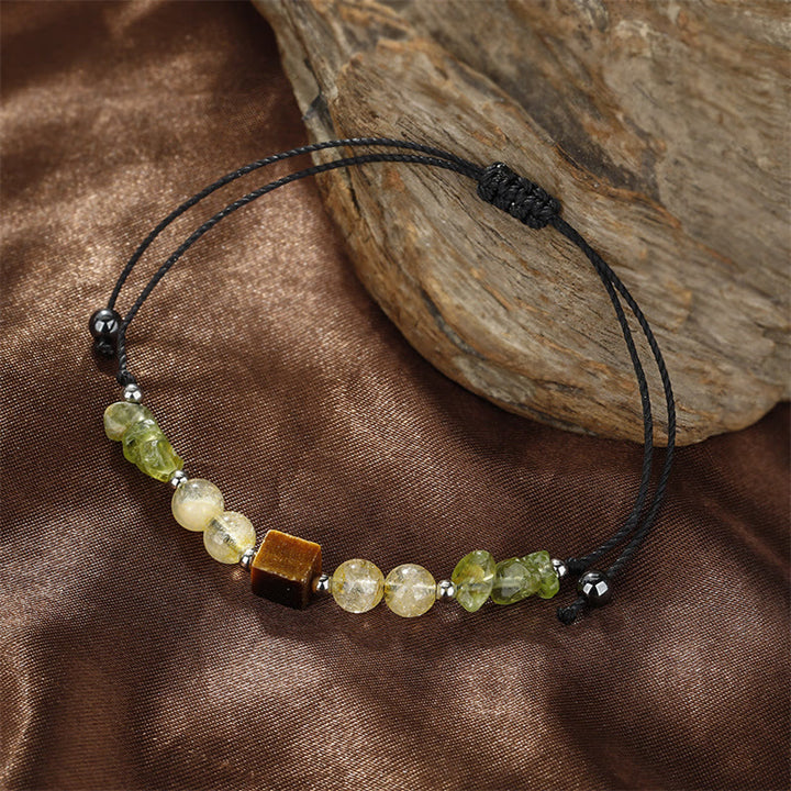 Pulsera de cuerda de la paz con Buddha Stones " Encuentra tu alegría", peridoto, citrino y ojo de tigre