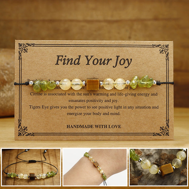Pulsera de cuerda de la paz con Buddha Stones " Encuentra tu alegría", peridoto, citrino y ojo de tigre
