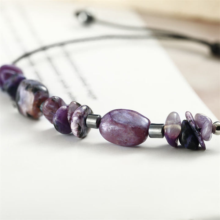 Pulsera poderosa de hematita y charoita con Buddha Stones que viven el momento
