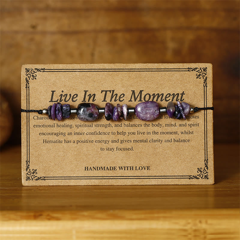Pulsera poderosa de hematita y charoita con Buddha Stones que viven el momento