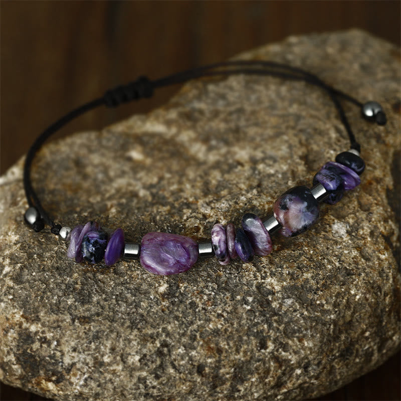 Pulsera poderosa de hematita y charoita con Buddha Stones que viven el momento