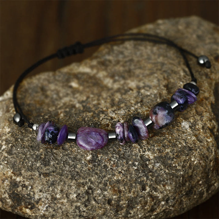 Pulsera poderosa de hematita y charoita con Buddha Stones que viven el momento