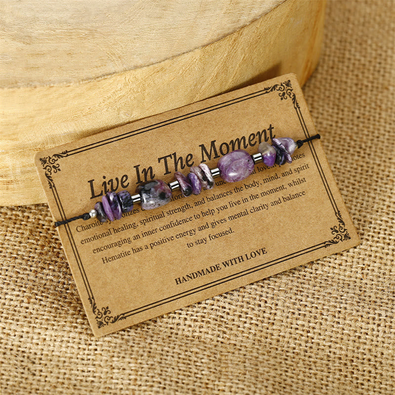 Pulsera poderosa de hematita y charoita con Buddha Stones que viven el momento