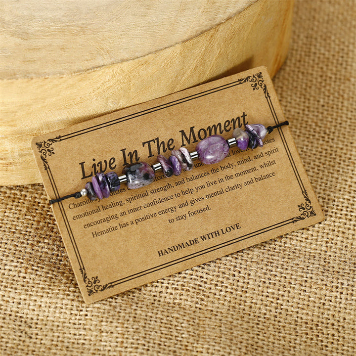 Pulsera poderosa de hematita y charoita con Buddha Stones que viven el momento