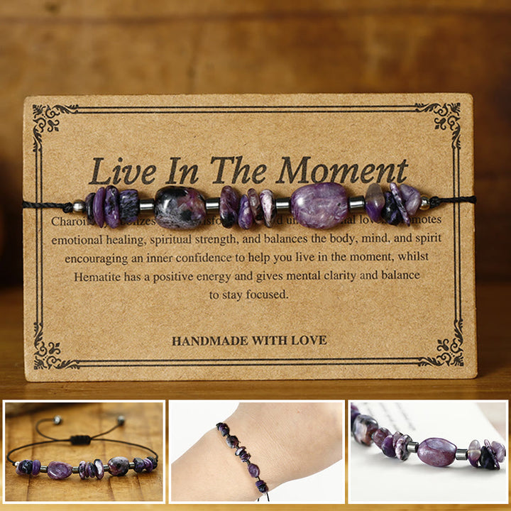 Pulsera poderosa de hematita y charoita con Buddha Stones que viven el momento