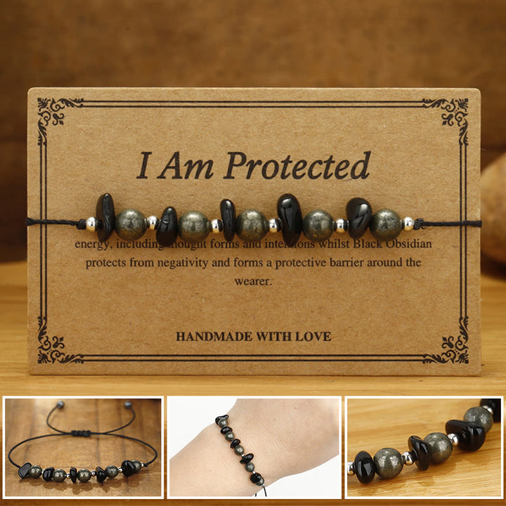 Pulsera de Obsidiana Negra con Pirita de Hierro y Buddha Stones "Estoy Protegido"