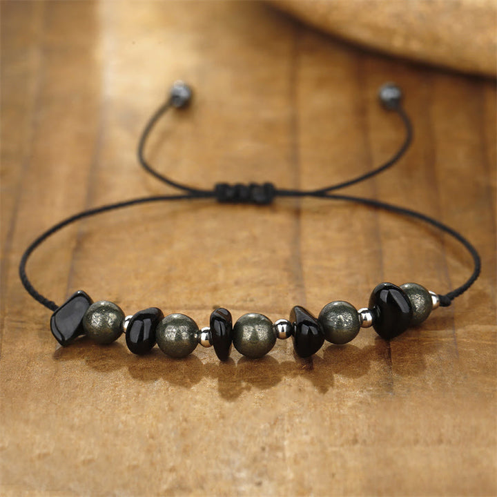 Pulsera de Obsidiana Negra con Pirita de Hierro y Buddha Stones "Estoy Protegido"