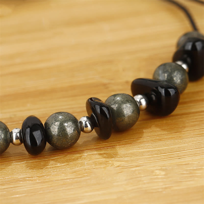 Pulsera de Obsidiana Negra con Pirita de Hierro y Buddha Stones "Estoy Protegido"